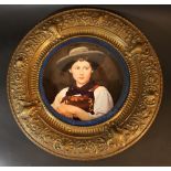 Franz von Defregger (1835-1921)-circle, Ceramic dish with girl's portrait in velvet passepartout and