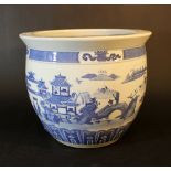 Chinese large porcelain pot with blue landscape and decorations; painted on white ground, glazed;