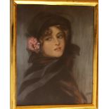 Hungarian School around 1900, Portrait of a lady with hat, pastell on paper, in gilded frame,