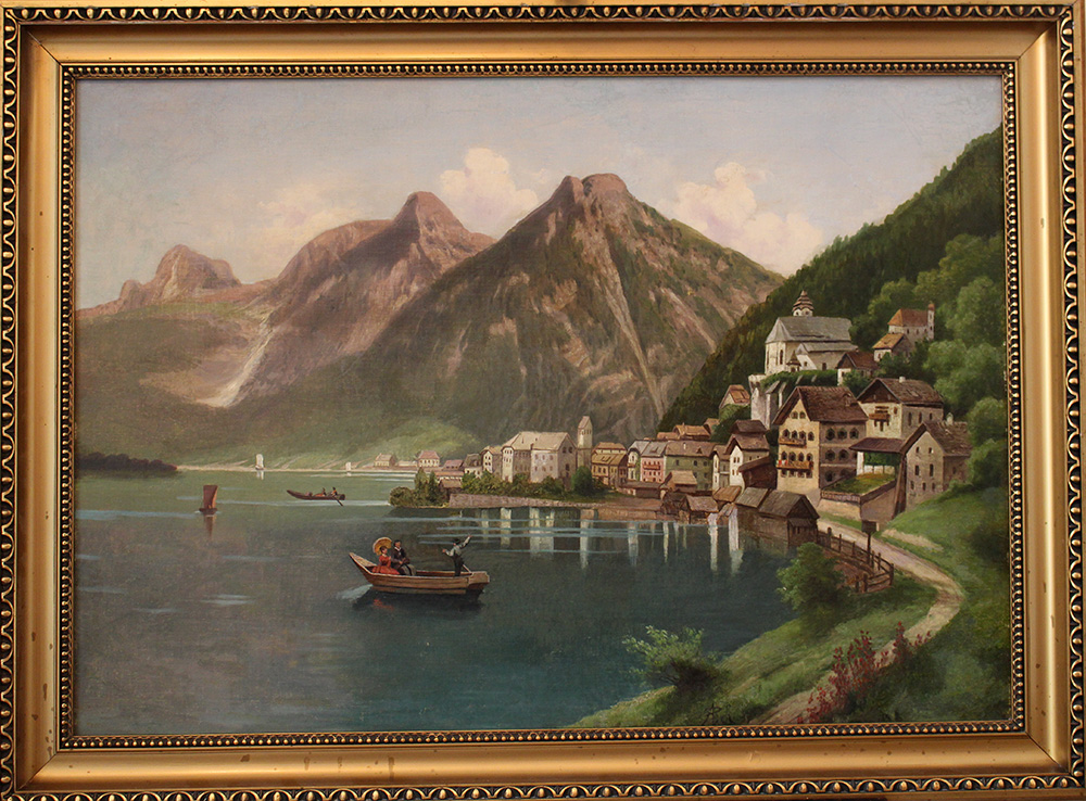 Anton Pick (1840-1902)-attributed, View of Hallstatt, oil on panel, described on the bottom,