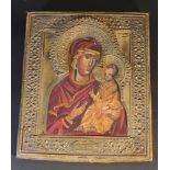 Russian icon with bronze Oklad, richly decorated and described, showing Maria and Jesus; oil on