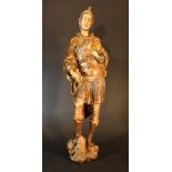 Saint Florian, wooden sculpture in S-shape, standing on a carved rocky wooden base with a burning