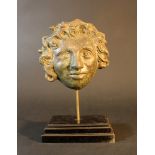 Bronze bust plaque showing a male head with waved and curled hair, open eyes and wide nose; bronze