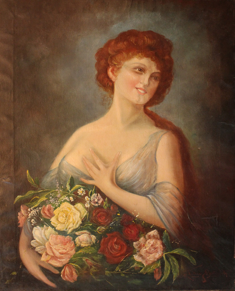 Berlin artist early 20th Century, Girl with roses, signed and dated bottom right Berlin 1909; oil on - Image 2 of 3