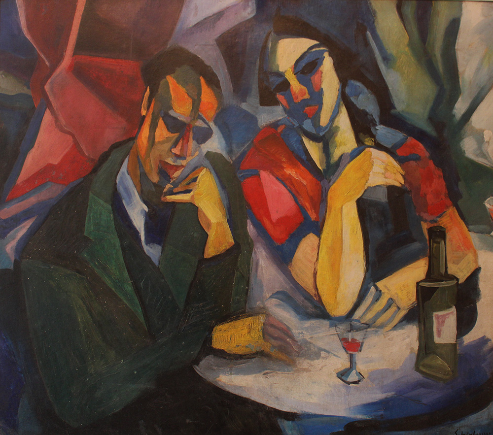 Armand Schönberger (1885–1974)-attributed, Couple by a table with wine; oil on canvas, laid down - Image 2 of 3