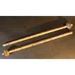 Two ceremonial or music entretainment sticks, metal silvered with glass stones, partly gilded and