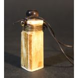 Chinese snuff bottle, white jade with screwable horn knob, on band fixed with bronze wire.7,5cm