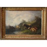 Edmund Mahlknecht (1820-1903)-attributed, Bulls by a river in landscape, oil on wooden panel,