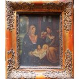 European School 18th Century, Holy family in the stable; oil on metal, in a richly decorated 19th