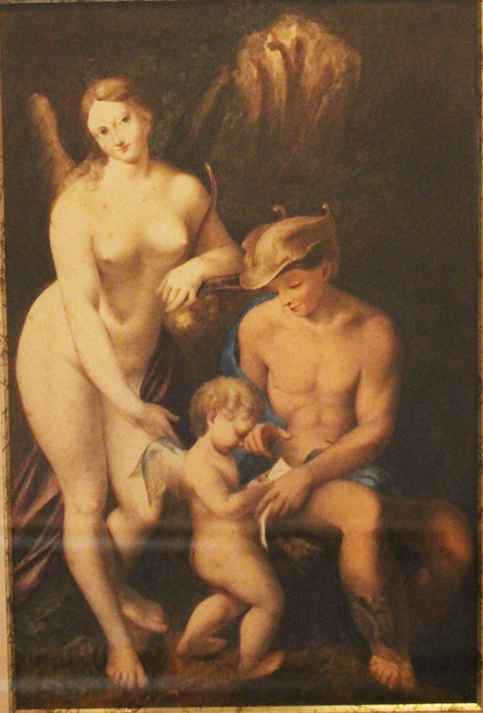 European artist, water color on paper, allegory of Hermes, Diana and Cupid in landscape; framed, - Image 3 of 3