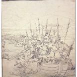 German Artist 19th Century, The journey over the Elbe river by the Nibelungs, dark ink on white