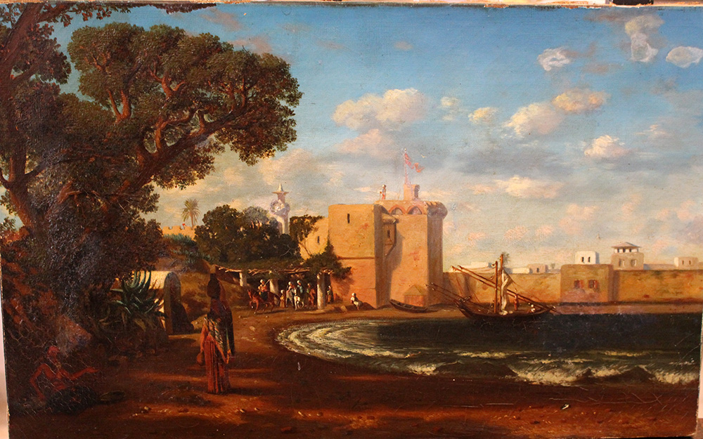 Orientalist of the 19th Century, Horse riders by a fortress at the sea; possibly Algiers?; oil on - Image 2 of 3