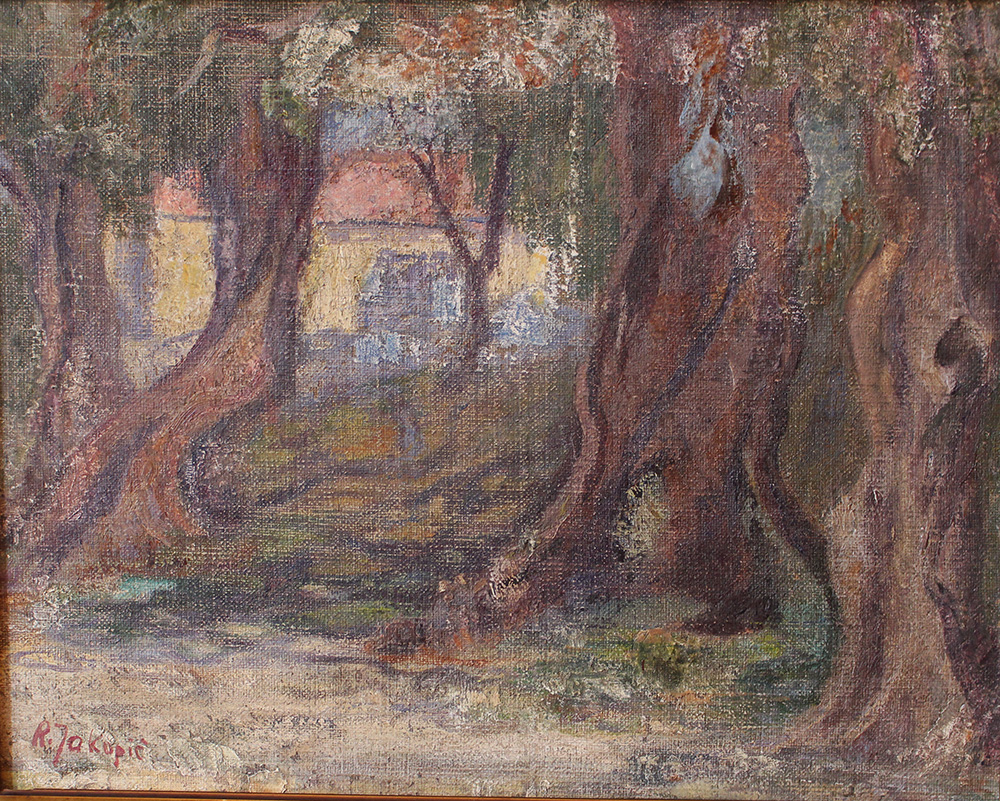 Russian artist 20th Century; House with trees in landscape, oil on canvas, laid down on board, - Image 2 of 3