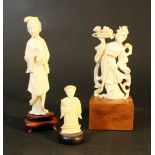 Three Chinese ivory sculptures: 1st. A lady with a plant in hands, on wooden base; 2nd. A lady