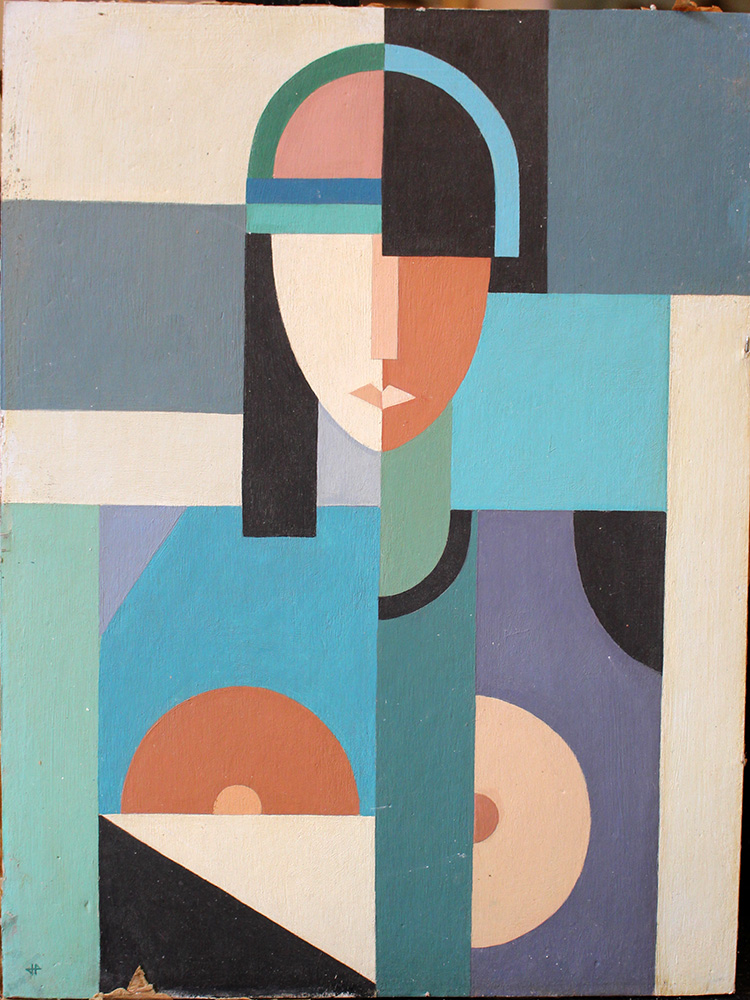 French artist 1st half 20th Century, Cubistic portrait; oil on panel, monogrammed bottom left.