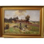 V. Birkholm (1879-1959), Cows with milkmaid in landscape; oil on canvas, signed bottom right,