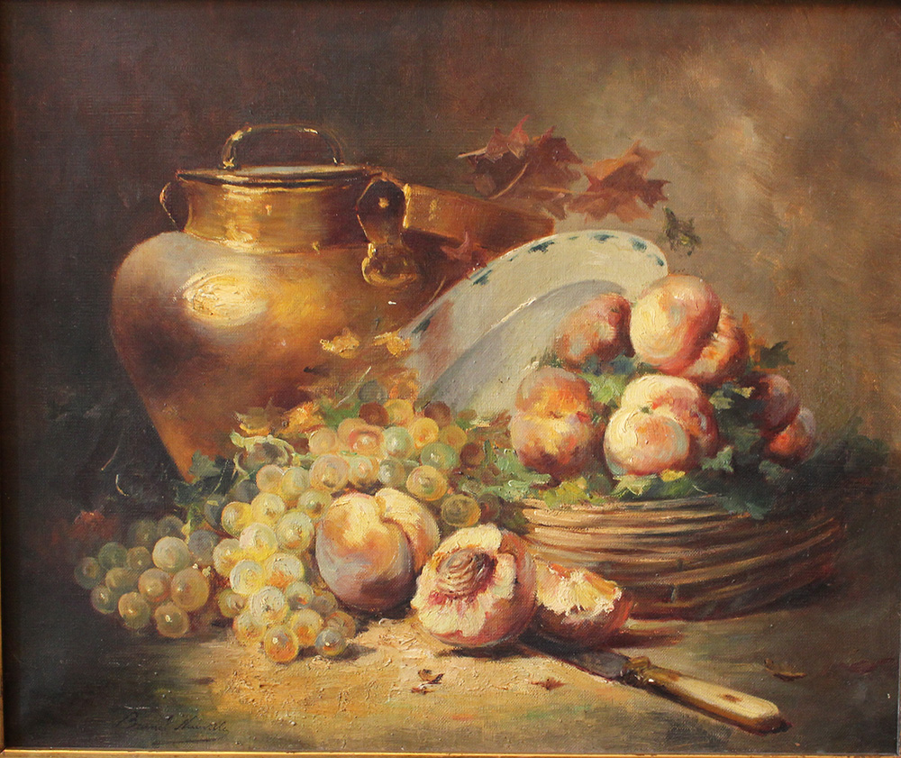 Alfred Arthur Brunel de Neuville (1852 – 1941), Still life with peaches, grapes and a jug; oil on - Image 2 of 3