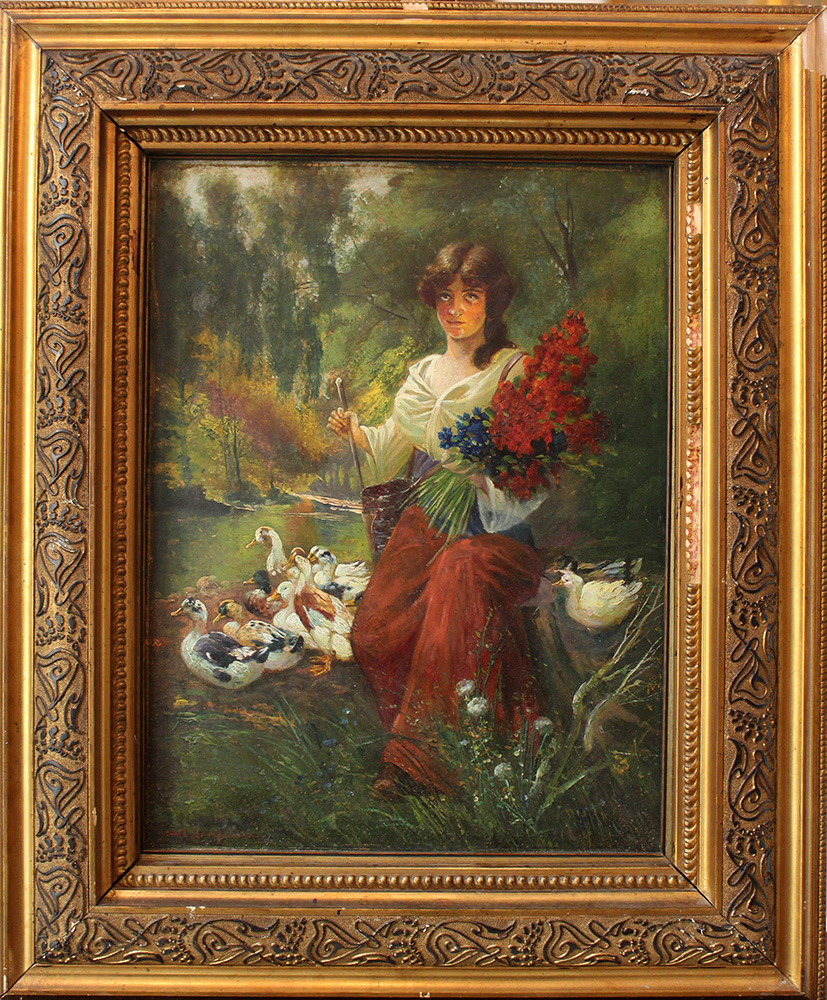 Karl Kaufmann (1843-1905)-attributed, Girl with flowers and ducks in landscape; oil on cardboard,