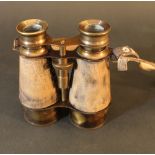 A binocular, bronze mantle with two glass lenses and adjustable in legth; with leather grip and