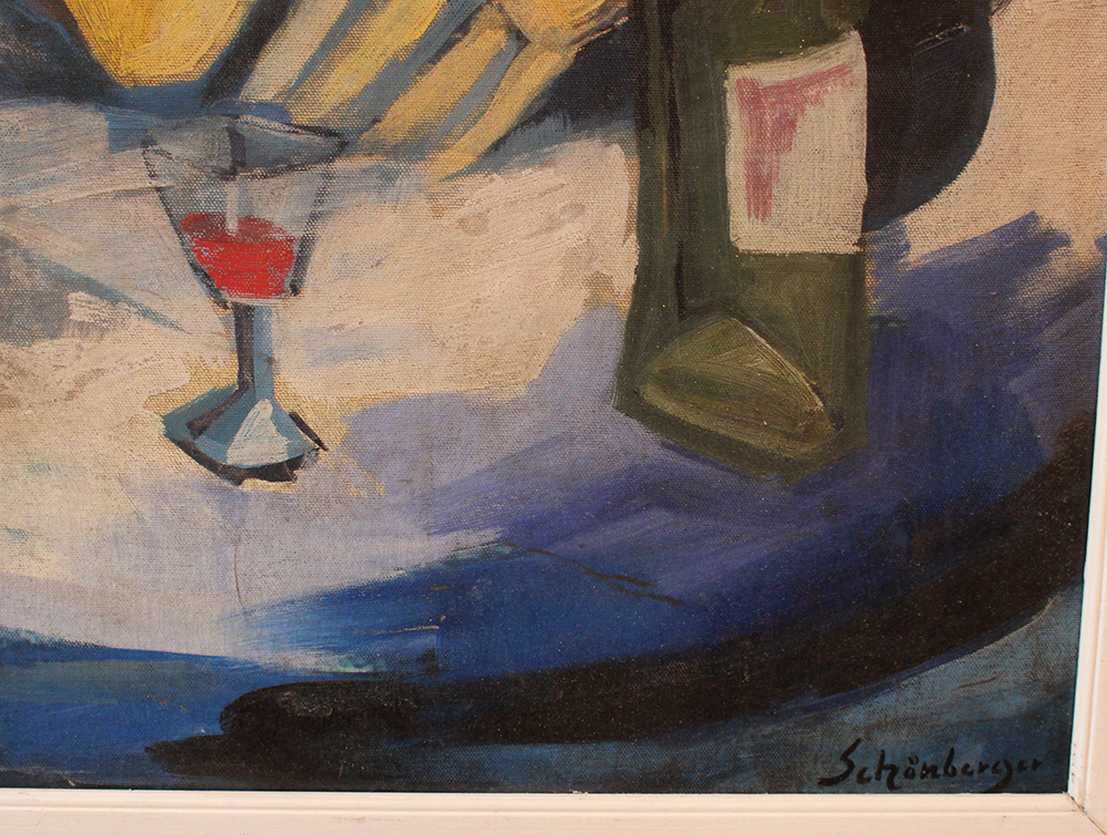 Armand Schönberger (1885–1974)-attributed, Couple by a table with wine; oil on canvas, laid down - Image 3 of 3