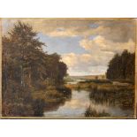 School of Düsseldorf, Landscape with water, oil on cardboard, late 19th Century.20x30cm