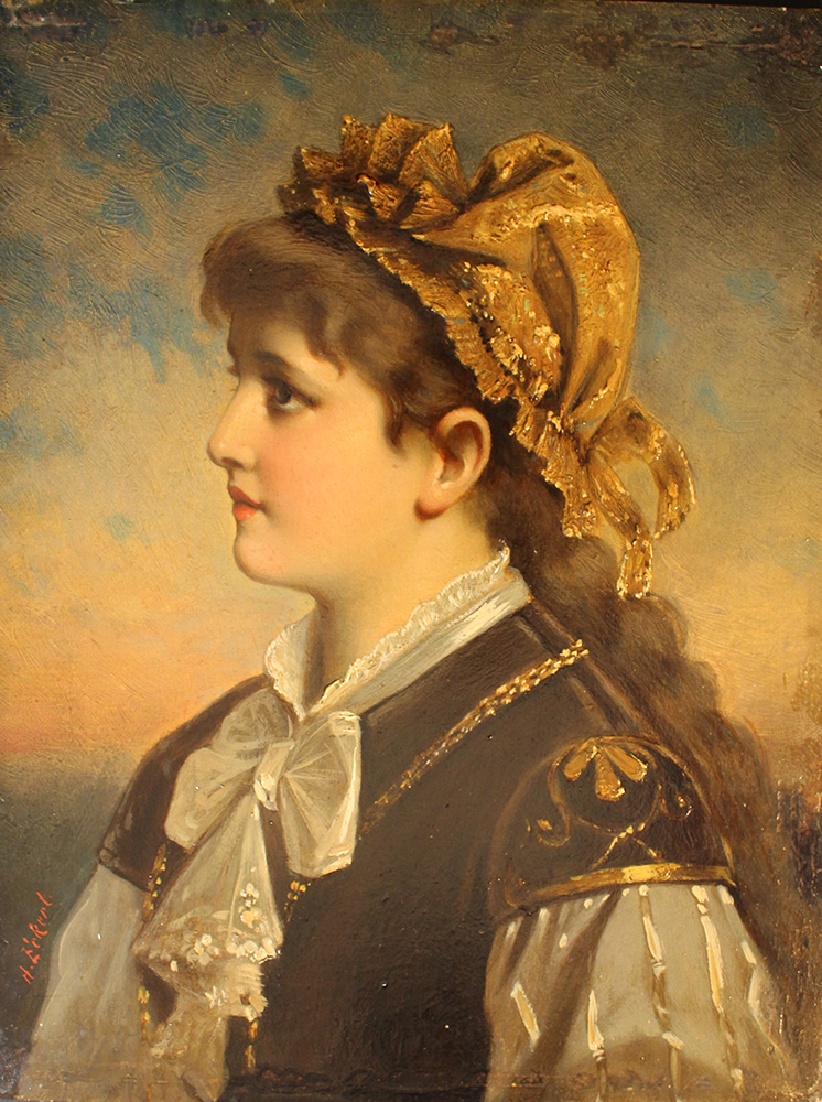 Anton Ebert (1845-1896)-circle, Portrait of an elegant lady; oil on panel; signed botton left A. - Image 2 of 3