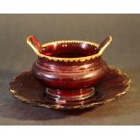 Biedermeier glass bowl with saucer, red colour with gilded border and two side grips, around 1840.