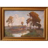 Franz Horst (1862-1956), Landscape with traveller by the water; oil on canvas, signed bottom right.
