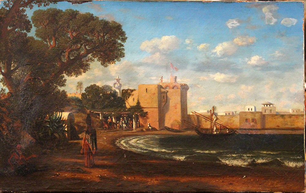 Orientalist of the 19th Century, Horse riders by a fortress at the sea; possibly Algiers?; oil on
