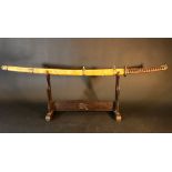 Asian sword with yellow possible shark skin; sword sheat with fine bronze mounts and rings;