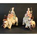 A pair of Nepal porcelain figures showing two elephants with a King and a Queen with black servants;
