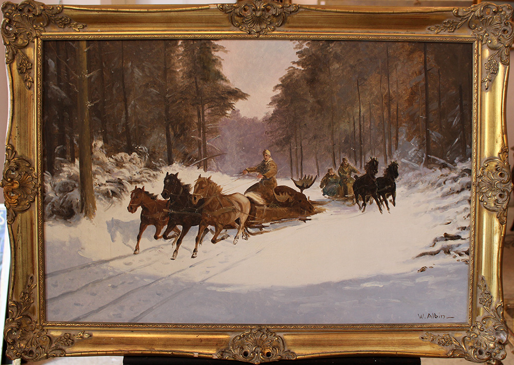 Scandinavian artist, The home bringing of the elk; oil on canvas, signed bottom right, framed.
