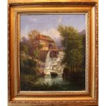 P. Riedl, artist around 1850, Idyllic landscape with a mill and girls; oil on canvas, signed