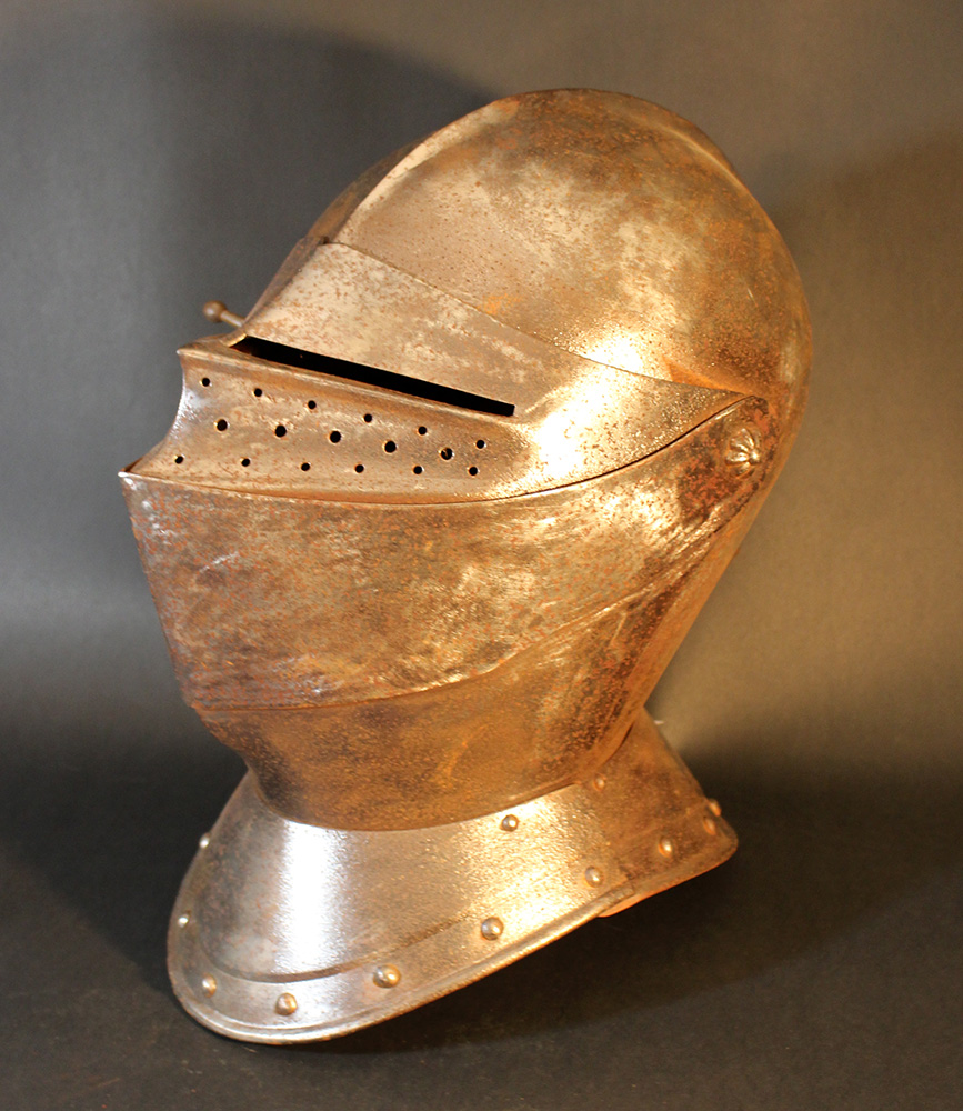 Iron knight helmet-decoration in Maximillian Manner, with visor; rusty.height 32cm, length 35cm