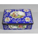 European enamell box in rectangular shape with bowed lid, copper border with thumb rest, with rich