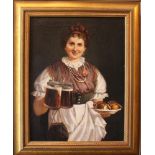 Johann Michael Kupfer (1859-1917)-attributed, Waitress with beer and sausages; oil on canvas,
