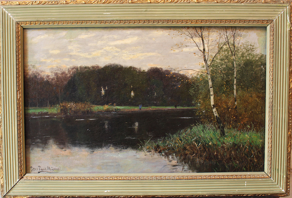 Peter Paul Müller (1853-1915), Fishers by a river in landscape, oil on canvas, signed bottom left.