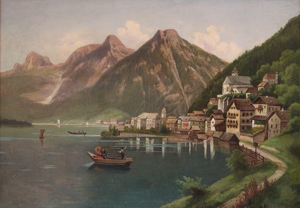 Anton Pick (1840-1902)-attributed, View of Hallstatt, oil on panel, described on the bottom, - Image 2 of 3