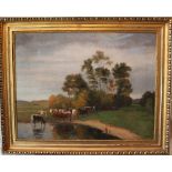 Ferry Reinold (1885-1935), Landscape with cows by the water and a farmer; oil on canvas, framed,