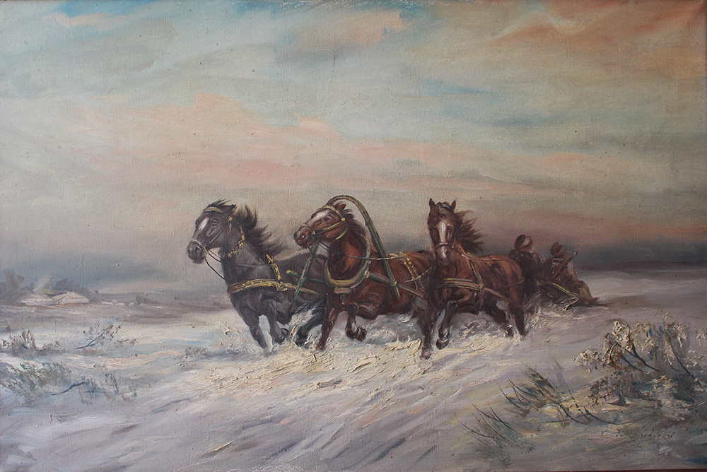 Janos Viski (1891–1987), Troika in winter landscape, oil on canvas, signed bottom right.58x90cm - Image 2 of 3