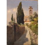 Konrad Petrides (1864-1943), Landscape with church and pathway on the Dalmantinian coast; oil on