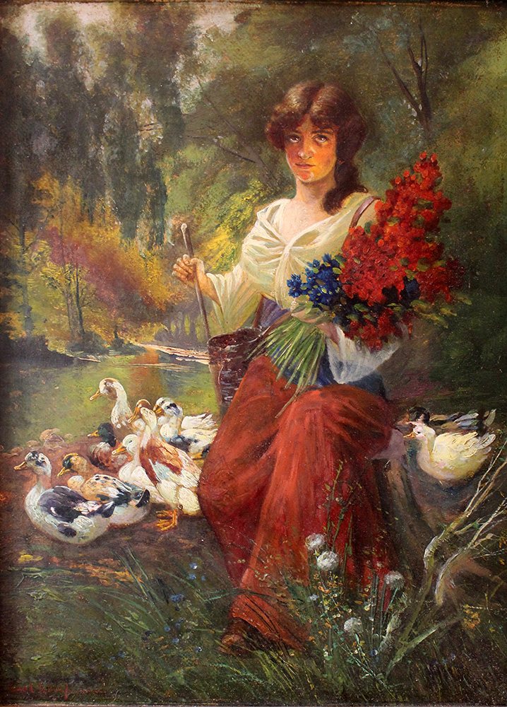 Karl Kaufmann (1843-1905)-attributed, Girl with flowers and ducks in landscape; oil on cardboard, - Image 2 of 3