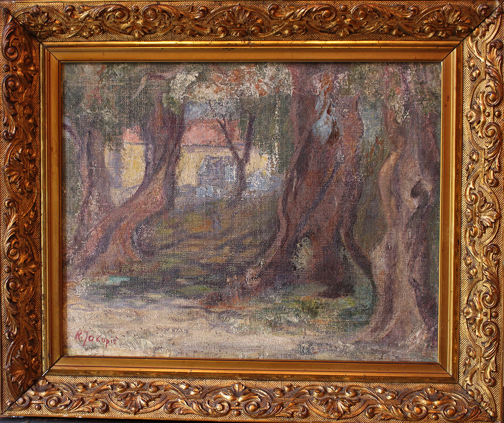 Russian artist 20th Century; House with trees in landscape, oil on canvas, laid down on board,