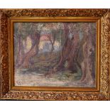 Russian artist 20th Century; House with trees in landscape, oil on canvas, laid down on board,