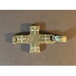Bronze reliquary pectoral cross pendant, with silver incrustations, eye and verdigris; possibly