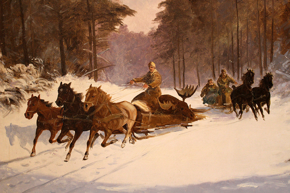 Scandinavian artist, The home bringing of the elk; oil on canvas, signed bottom right, framed. - Image 2 of 3