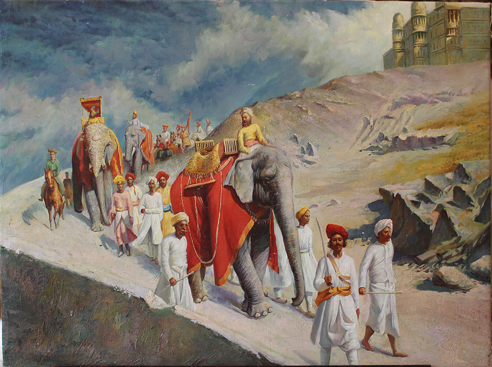 Edwin Lord Weeks (1849-1903)-after, Indian trail with elephants and guards by a palace; oil on