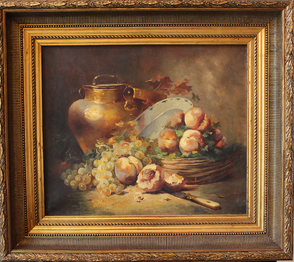 Alfred Arthur Brunel de Neuville (1852 – 1941), Still life with peaches, grapes and a jug; oil on