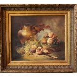 Alfred Arthur Brunel de Neuville (1852 – 1941), Still life with peaches, grapes and a jug; oil on