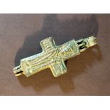 A bronze reliquary pectoral cross pendant, with Corpus Christi on both sides; eye and verdigris;